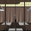 Japanese Restaurant Interior With Red Awning Wooden Structure Lantern Pendant Lights And Booth Seating