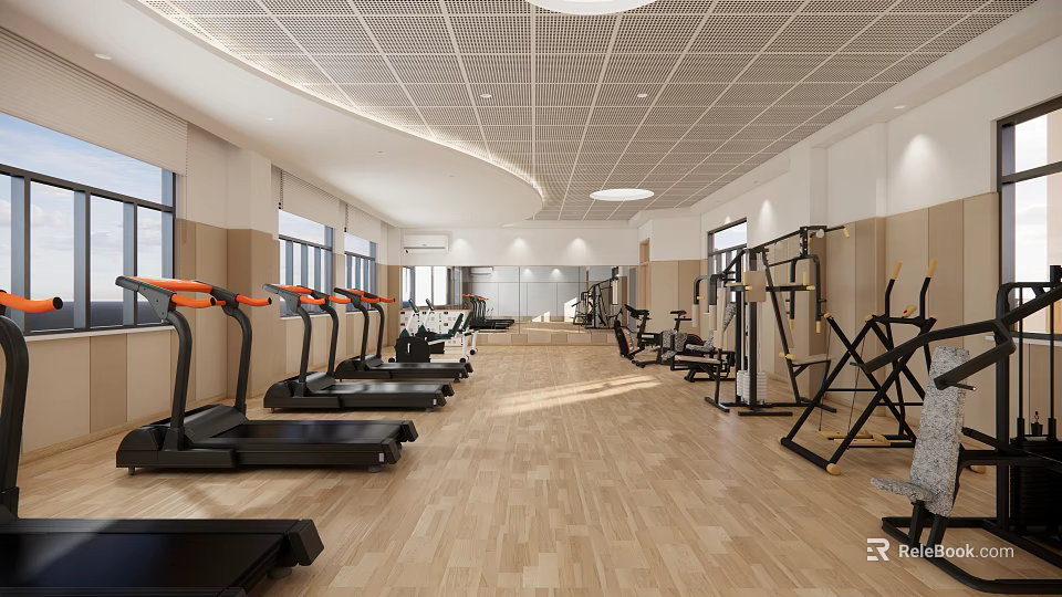 Modern Fitness Gym Interior With Treadmills And Strength Training Equipment On Wooden Flooring 3d model 