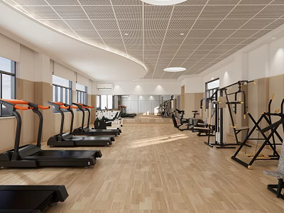 Modern Fitness Gym Interior With Treadmills And Strength Training Equipment On Wooden Flooring 3d model