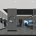 Modern Public Office Space With Open Layout Geometric Partition Work Desks Office Chairs And Computers