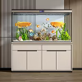 Modern Aquarium With Yellow Fish Green Aquatic Plants Decorations On Cabinet With Drawers And Doors