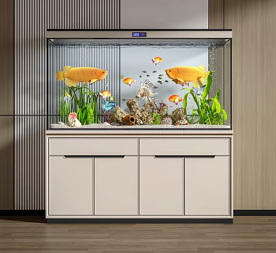 Modern Aquarium With Yellow Fish Green Aquatic Plants Decorations On Cabinet With Drawers And Doors 3d model