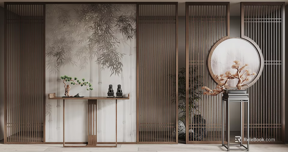 Chinese Style Console Table With Bamboo Patterned Wall Wooden Lattice And Mirror 3d model 