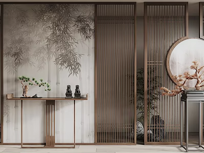 Chinese Style Console Table With Bamboo Patterned Wall Wooden Lattice And Mirror 3d model