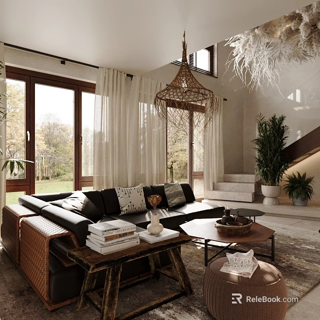 Loft Living Room With Floor To Ceiling Windows Plants And Chandelier 3d model 