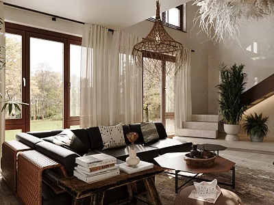 Loft Living Room With Floor To Ceiling Windows Plants And Chandelier 3d model