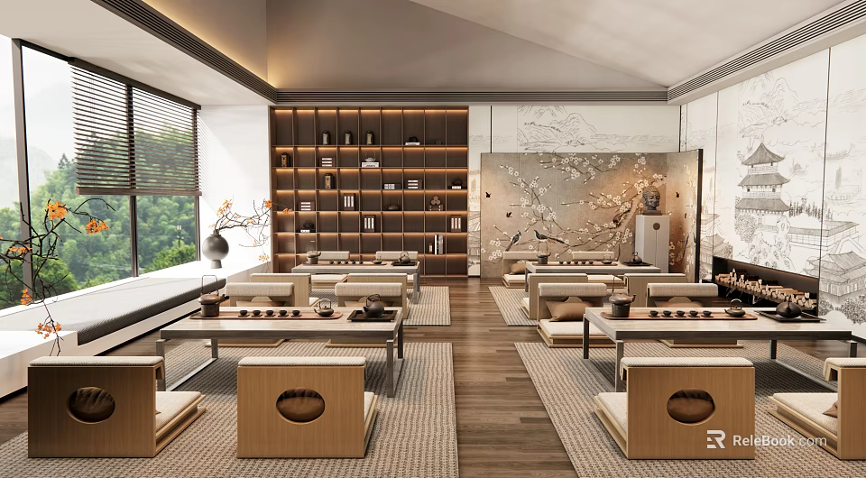 Traditional Style Teahouse Interior Featuring Wooden Tables Seats And Shelves 3d model 