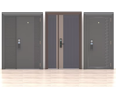 Three Modern Residential Doors With Textured Panels Vertical Stripes And Secure Locks 3d model