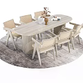 Wooden Oval Dining Table Set with Six Chairs Vase and Magazine on Gray Rug