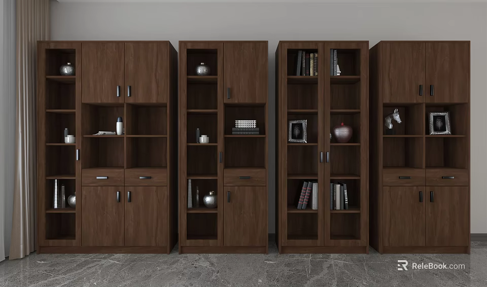 Modern Dark Brown Bookcase With Glass Doors Open Shelves And Decorative Books 3d model 