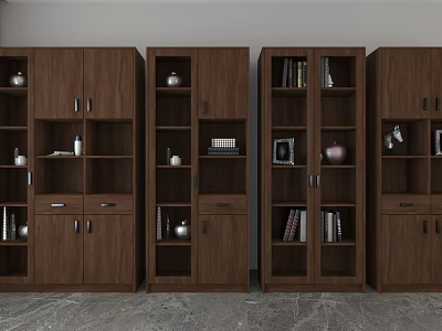 Modern Dark Brown Bookcase With Glass Doors Open Shelves And Decorative Books 3d model