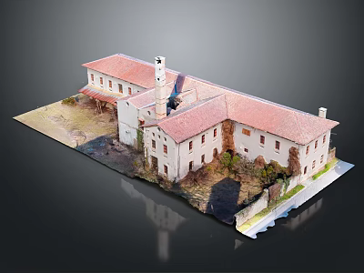 Cartoon Scene Featuring White Building With Red Roof Windows And Green Courtyard Plants 3d model