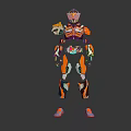 Orange And White Futuristic Robot With Mechanical Armor In Standing Pose On Reflective Floor 3d model