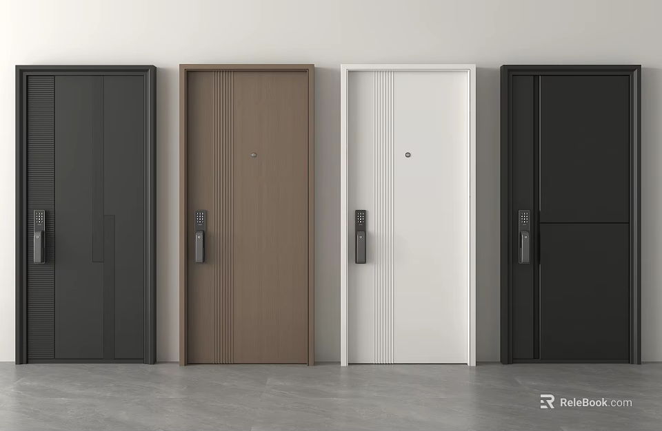 Modern Security Doors In Multiple Colors With Different Panel Designs And Door Locks 3d model