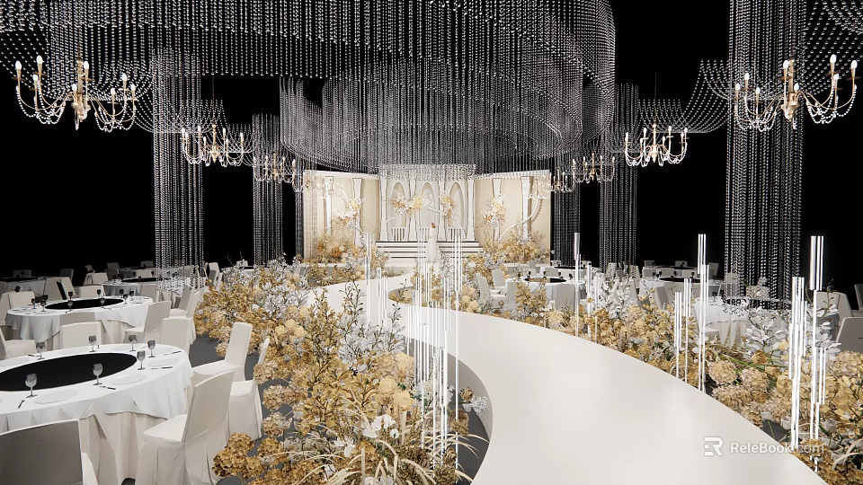 Elegant Banquet Hall Interior With Crystal Chandeliers Golden Floral Decor And White Tables 3d model 