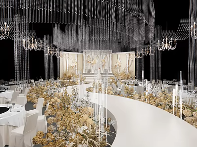 Elegant Banquet Hall Interior With Crystal Chandeliers Golden Floral Decor And White Tables 3d model