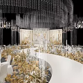 Elegant Banquet Hall Interior With Crystal Chandeliers Golden Floral Decor And White Tables