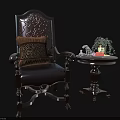 Classic Armchair With Carved Armrests Patterned Backrest Wooden Legs And Small Round Table Green Plant