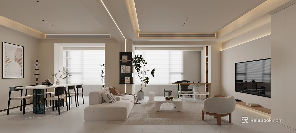 Modern Living And Dining Room Interior With White Sofa Dining Table And Large Windows 3d model