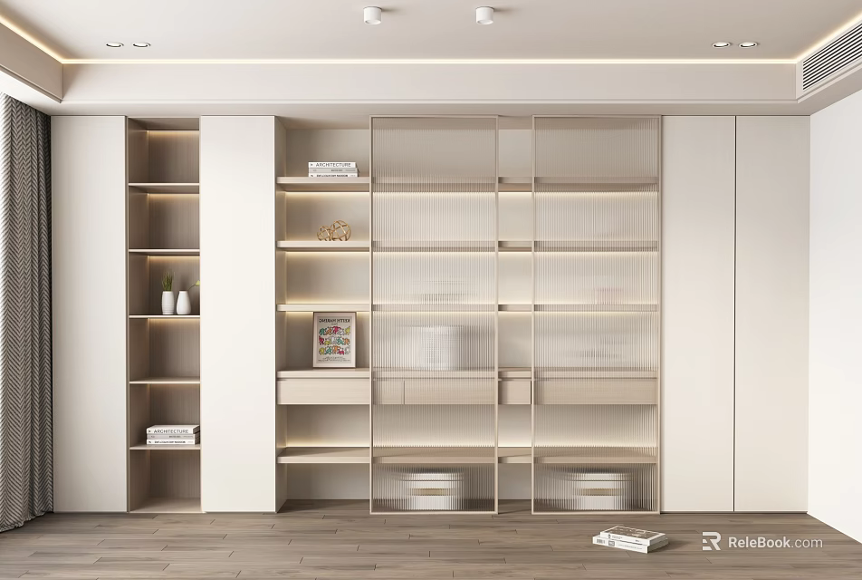 Modern Light Colored Bookcase With Open Shelves Mesh Doors And Decorative Storage 3d model 