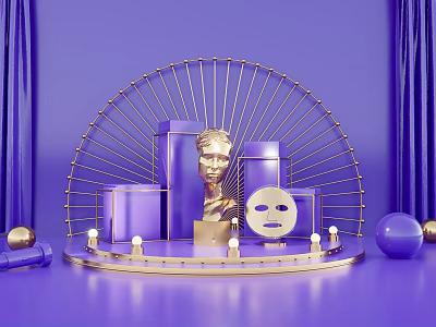 Luxury Perfume Cosmetics Display With Purple Background Golden Decorations Arched Frame And Facial Mask 3d model