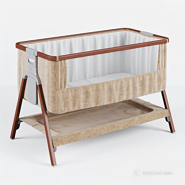 Baby Bassinet With Wooden Frame Textured Fabric And Lower Storage Shelf Design 3d model 