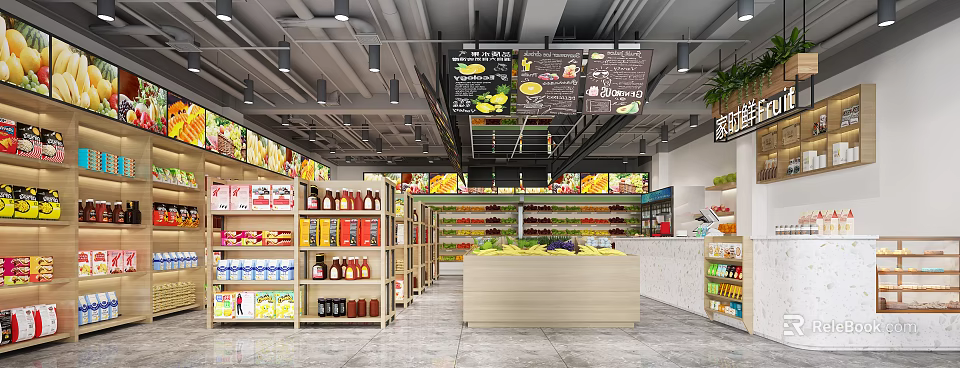 Spacious Supermarket Interior With Grocery Shelves Fresh Fruits And Product Signs 3d model 