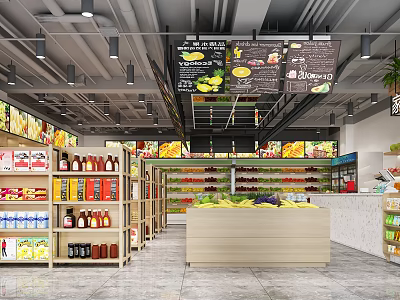 Spacious Supermarket Interior With Grocery Shelves Fresh Fruits And Product Signs 3d model