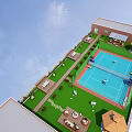 Roof Garden Design With Green Lawn Stone Path Flower Planters Fence And Swimming Pool
