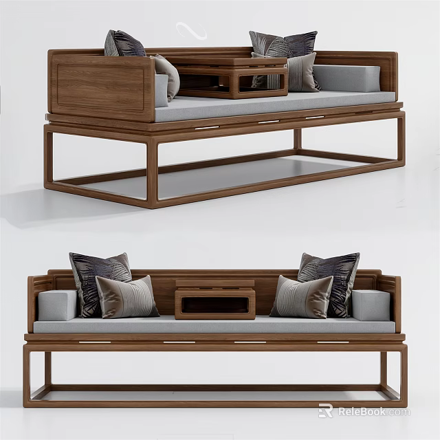 Solid Wood Daybed With Plush Cushions In Modern Chinese Style Design 3d model