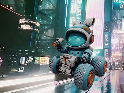 Futuristic Robot Driven Car in Neon Lit Futuristic City Night Scene with Large Orange Tires 3d model