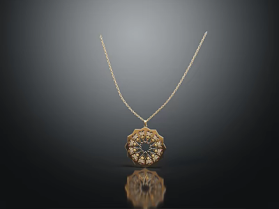 Elegant Gold Chain Necklace with Hexagonal Pendant Featuring Blue Gemstone on Dark Background with Reflection 3d model