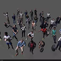 Group of People in Various Poses and Clothing Against Grey Background