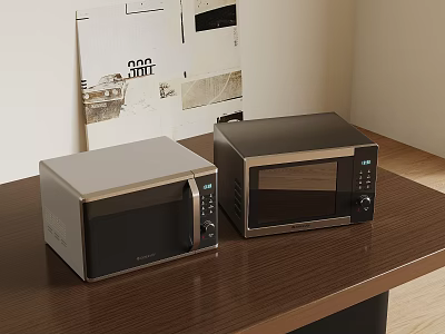 Two Modern Stainless Steel Microwaves With Digital Panels On Wooden Kitchen Tabletop 3d model