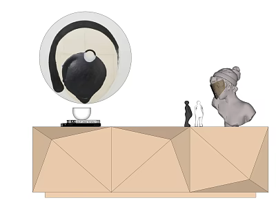 Modern Geometric Beige TV Stand With Round Ornament Small Figurines And Abstract Sculpture 3d model