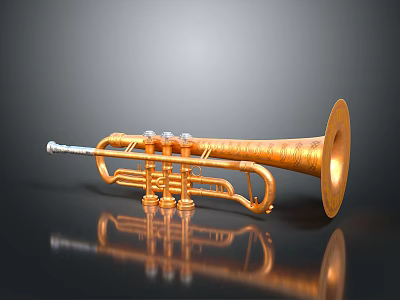Golden Decorative Trumpet With Ornate Patterns On Reflective Black Surface 3d model
