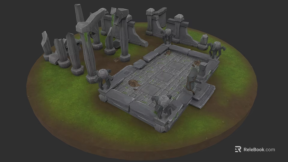 Rockery Stones with Intricate Stone Pillars Slab Floor and Grass Setting 3d model 