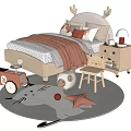 Kids Bed With Deer Antler Headboard Orange Blanket Stuffed Toys Toy Car And Rug