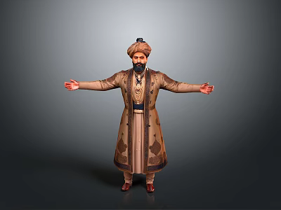 Man In Traditional Clothing With Turban Standing Arms Outstretched On Gray Background 3d model
