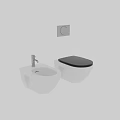 Wall Mounted White Toilet With Black Lid And Bidet On Grey Wall Background