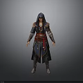 Man in Hooded Assassin Style Coat With Red Sash And Armored Details
