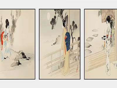 Traditional Figure Paintings Featuring Female Figures In Kimono With Moon Trees Railings And Stone Steps 3d model