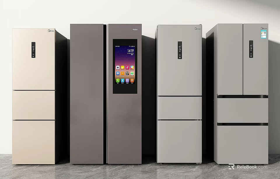 Different Style Refrigerators With Digital Display Screen Displayed Side By Side In Various Colors 3d model 