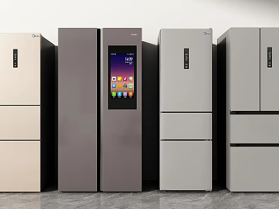 Different Style Refrigerators With Digital Display Screen Displayed Side By Side In Various Colors 3d model