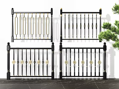 Modern Black Railing With Gold Accents And Decorative Spindles Design 3d model