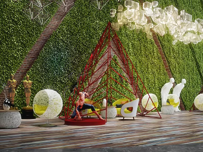 Modern Table And Chair Set With Green Wall Red Brick Background Metal Frame Yellow Cushions 3d model