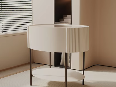 Modern White Round Nightstand With Pleated Front Panel Black Metal Legs And Lower Shelf 3d model