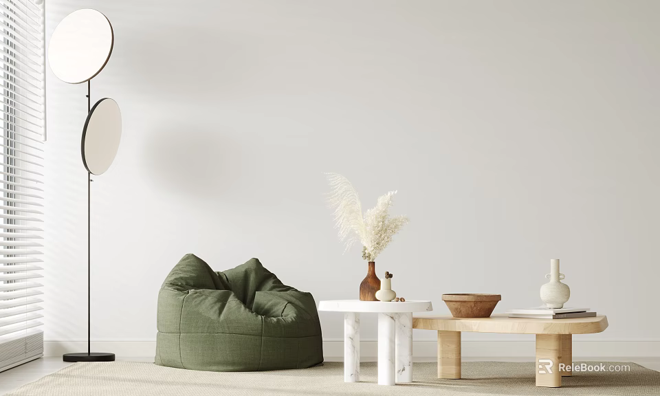 Green Bean Bag Chair In Modern Living Room With Pampas Grass And Wooden Coffee Table 3d model