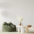 Green Bean Bag Chair In Modern Living Room With Pampas Grass And Wooden Coffee Table 3d model
