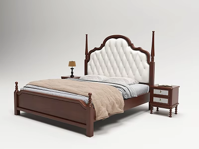 Double Bed With Diamond Tufted White Upholstered Headboard Dark Wooden Frame And Nightstands 3d model